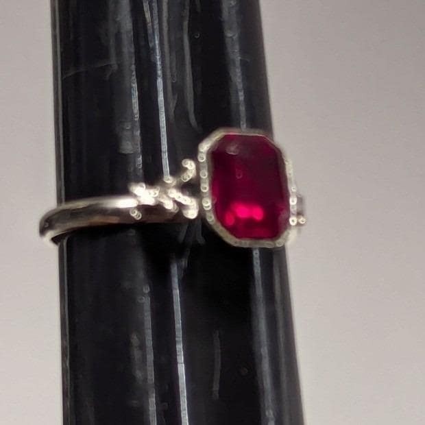 Vintage Uncas Faux Ruby Red Emerald Cut Ring Adjustable Silver Tone Filigree