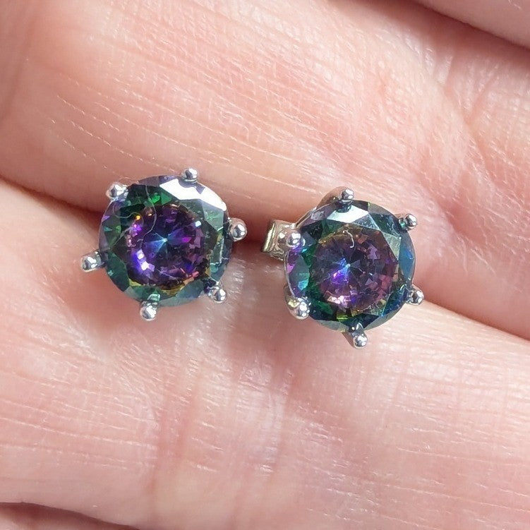 New Mystic Stud Earrings Iridescent Round Silvertone Jewelry Store Quality