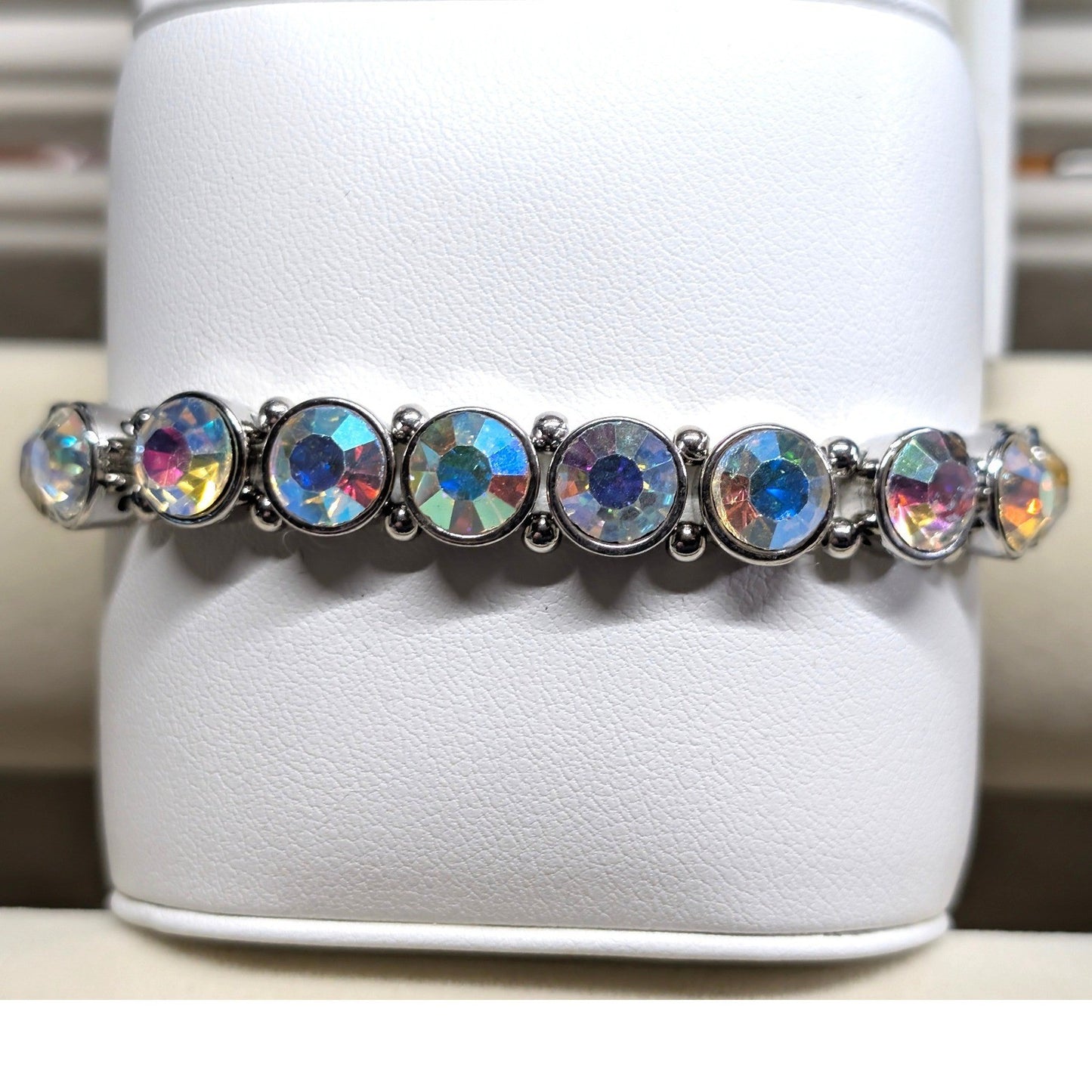 New Aurora Borealis Crystal Stretch Bracelet Silver Tone Iridescent AB Wedding