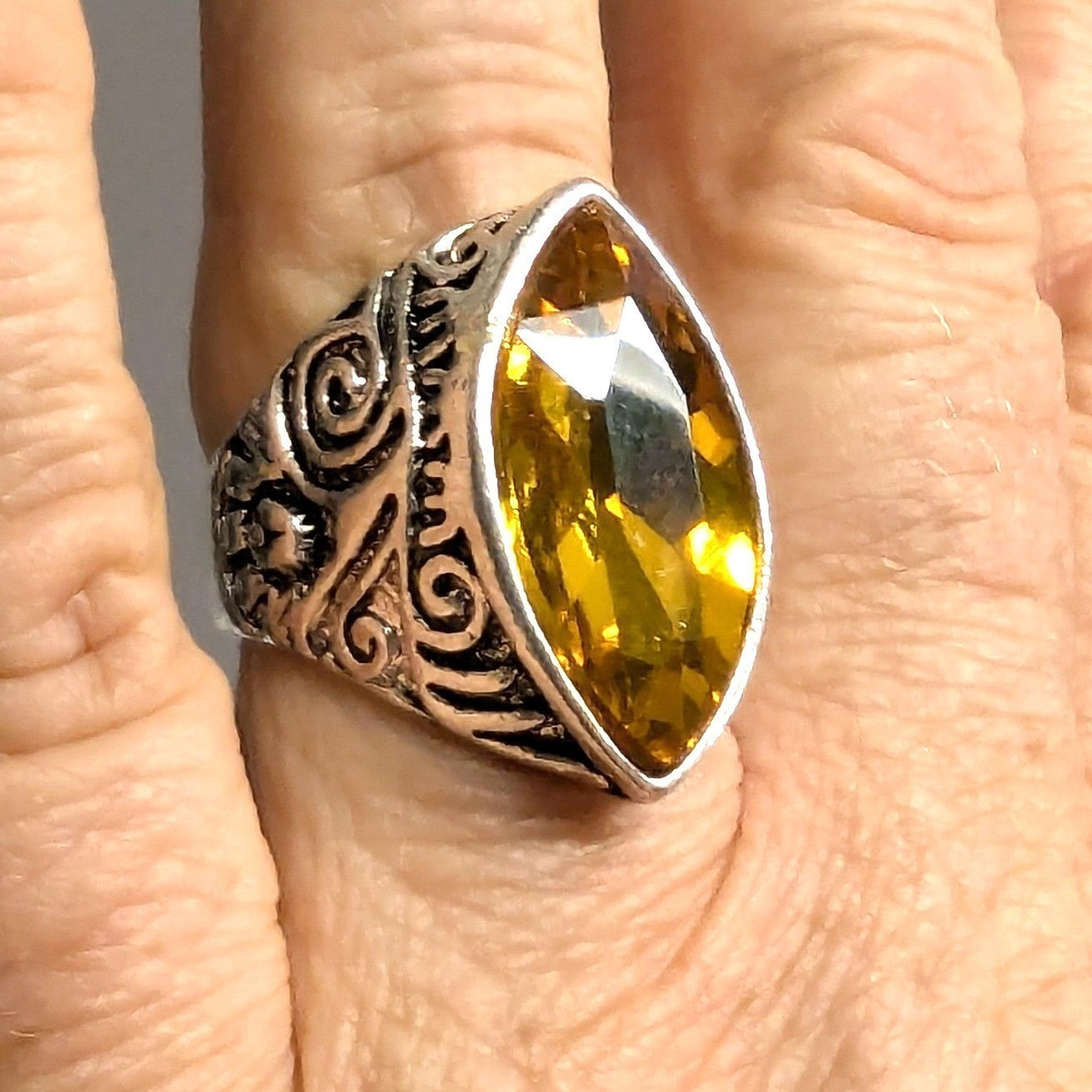 SilverTone Marquise Faceted Yellow Citrine November Statement Ring Plus Size 11