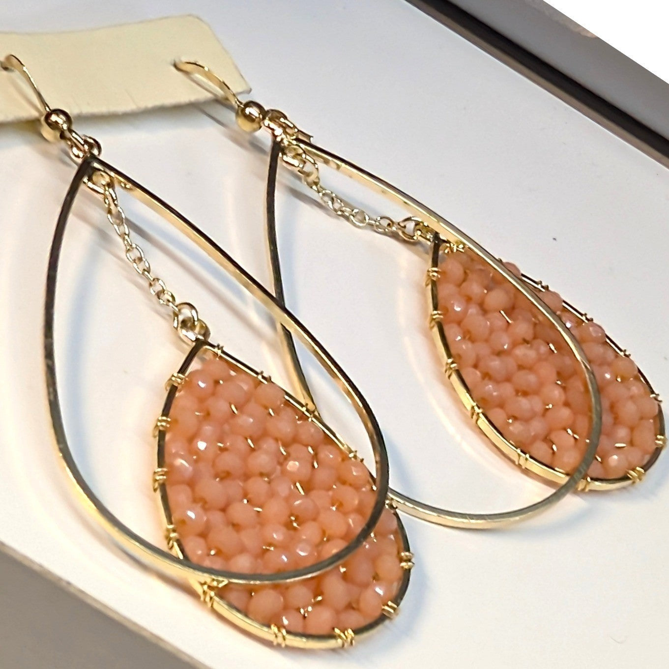 Vintage Double Teardrop Earrings Cold Beads Peach Gold Tone Beaded Dangle Drop