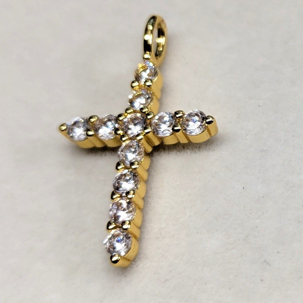 New 14K Gold PLated Cross Pendant Women Goldtone Cubic Zirconia Religious Charm