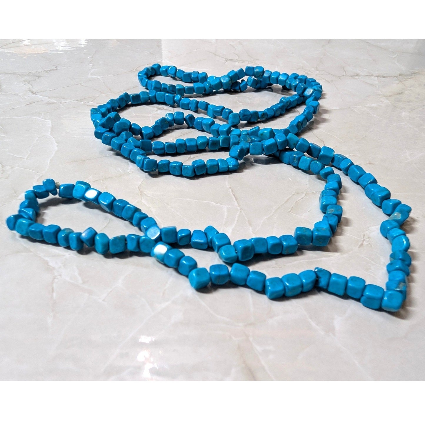Faux Turquoise Blue Beaded Necklace Square Cube Stone Long Strand Boho Howlite
