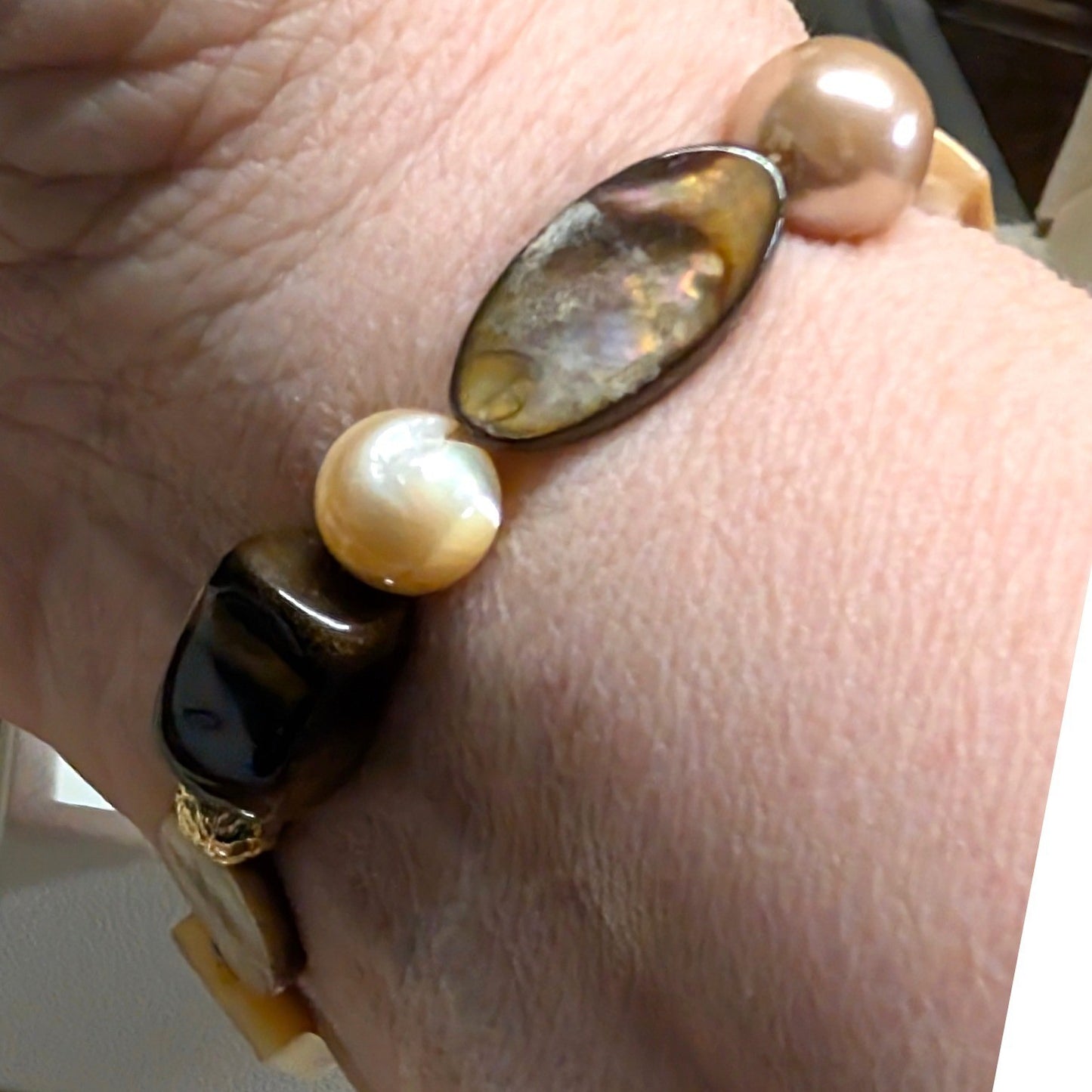 Vintage Tiger Eye Mother of Pearl Stretch Bracelet Brown Earthy Beaded Beads
