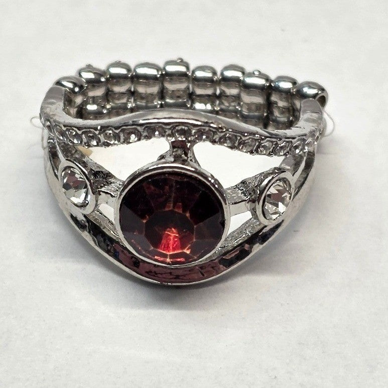 New Red Clear Round Rhinestone Stretch Band Ring Plus size Silver Tone