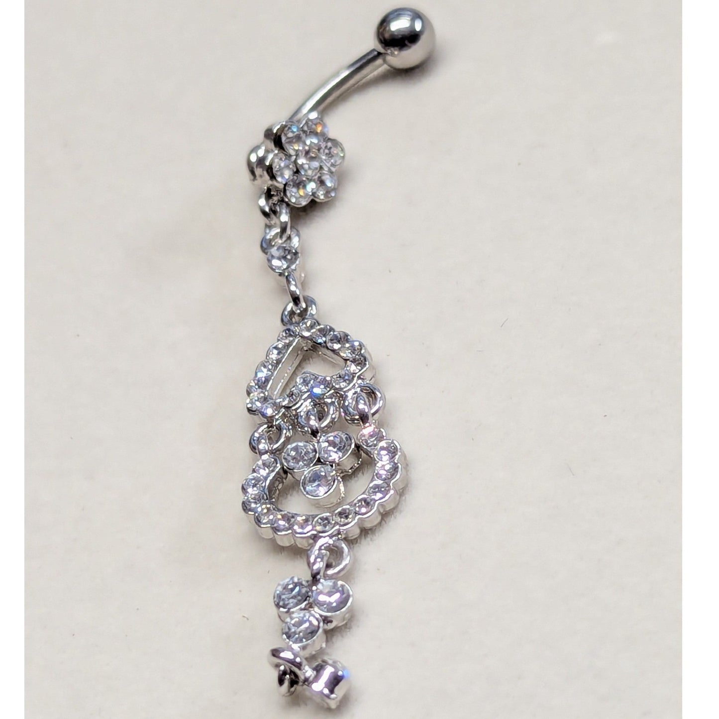 Heart Flower Dangle Belly Ring Women Silver Tone Rhinestone Sparkly Body Jewelry