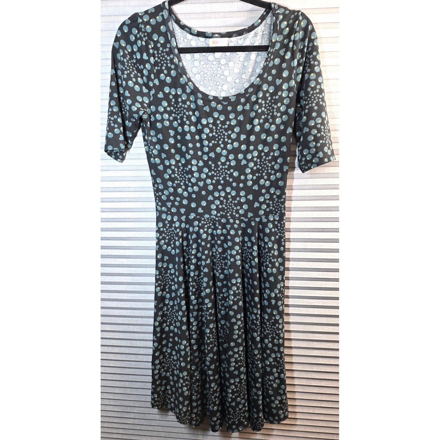 LuLaRoe Nicole Fit and Flare Dress Sm S Small Black Khaki Blue Polka Dot Hearts