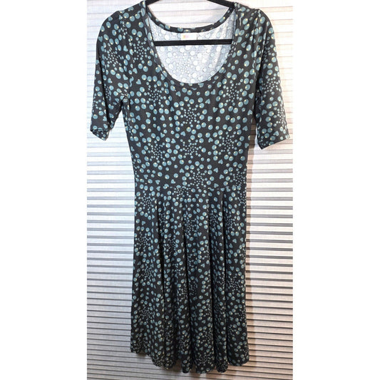LuLaRoe Nicole Fit and Flare Dress Sm S Small Black Khaki Blue Polka Dot Hearts