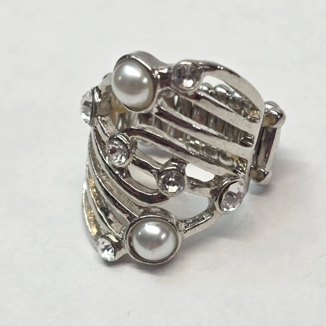 New Faux Pearl Clear Rhinestone Stretchy Ring Plus Size Silver Tone Swirl Design