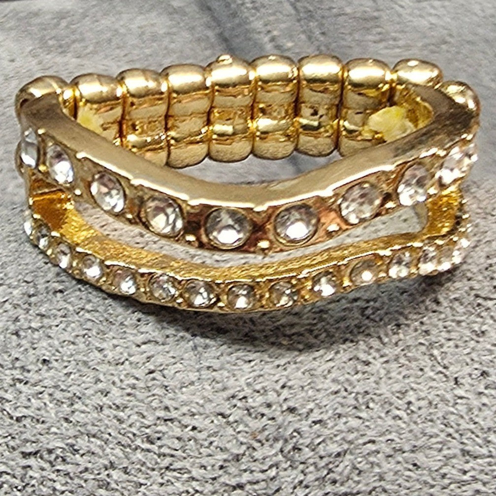 New Double 2 Wave Layers Rows Clear Rhinestone Stretch Ring Band Gold Tone Stack