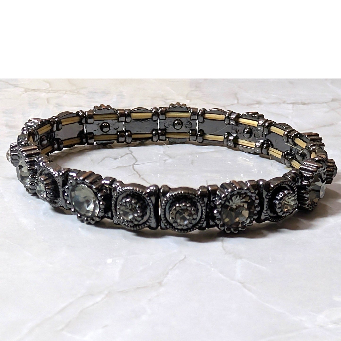 New Stretch Bracelet Gunmetal Gray Round Rhinestones Rainbow Sparkle Gothic Glam