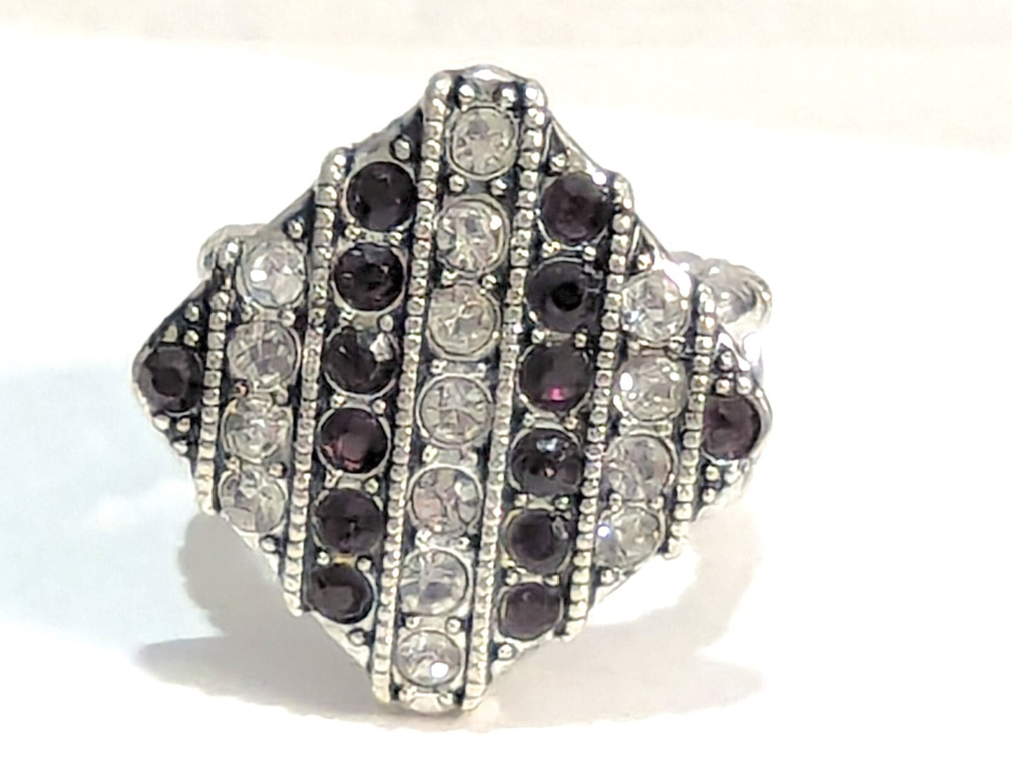 New Ring Purple Clear Silver Tone Rhinestones Stretch Band Art Deco Style Square