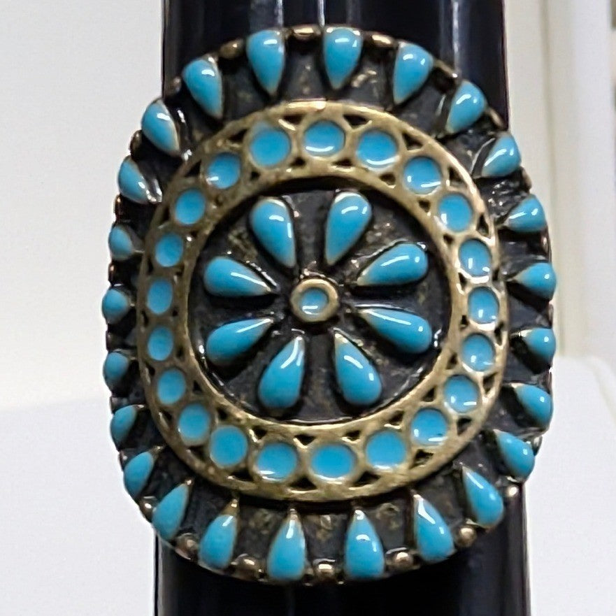 Vintage Statement Oval Turquoise Faux Stone Ring Size 6.5 Brass Tone Boho Ethnic