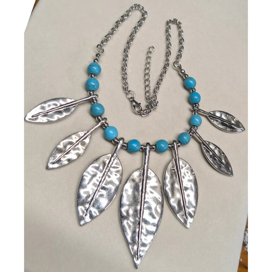 New Hammered Leaf Pendant Faux Turquoise Beaded Statement Necklace Silver Blue