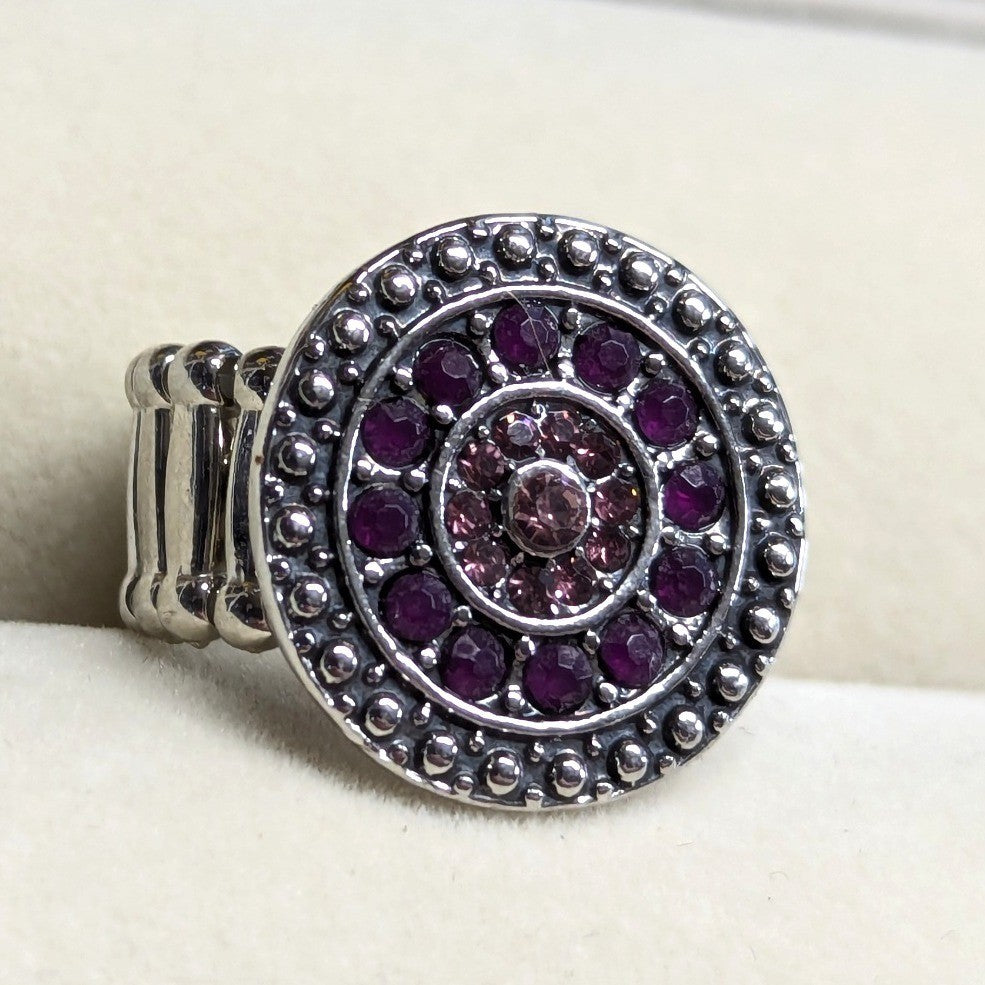 New Mandala Medallion Ring Purple Pink SilverTone Rhinestones Stretch Round Boho