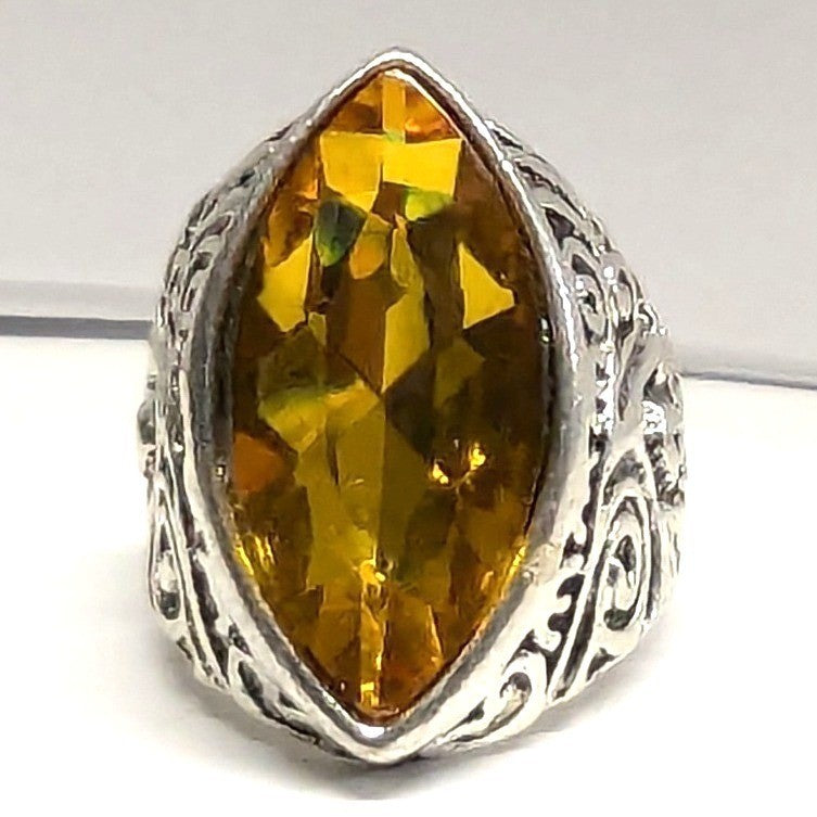 SilverTone Marquise Faceted Yellow Citrine November Statement Ring Plus Size 11