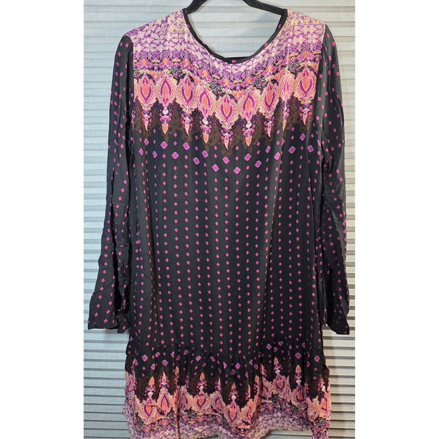 Abollria Dress Plus Size 2XL Black Pink Peach Boho Paisley Long Slv Tunic Mini